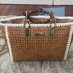 Lilly Pulitzer Brown and White Wicker Tote
